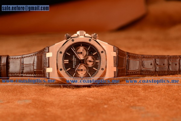 Audemars Piguet Royal Oak Chronograph Swiss Valjoux 7750 Rose Gold Case With Black Leather Strap Brown Dial And Gold Three Subdials 1:1 Original Ef - Click Image to Close